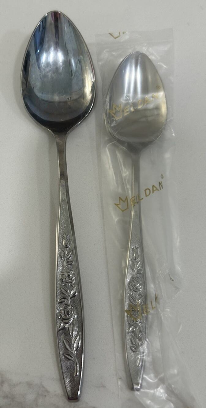 Eldan ELD18 Set Of 2 Spoons MAY ROSE Textured Roses Stainless Vintage MCM